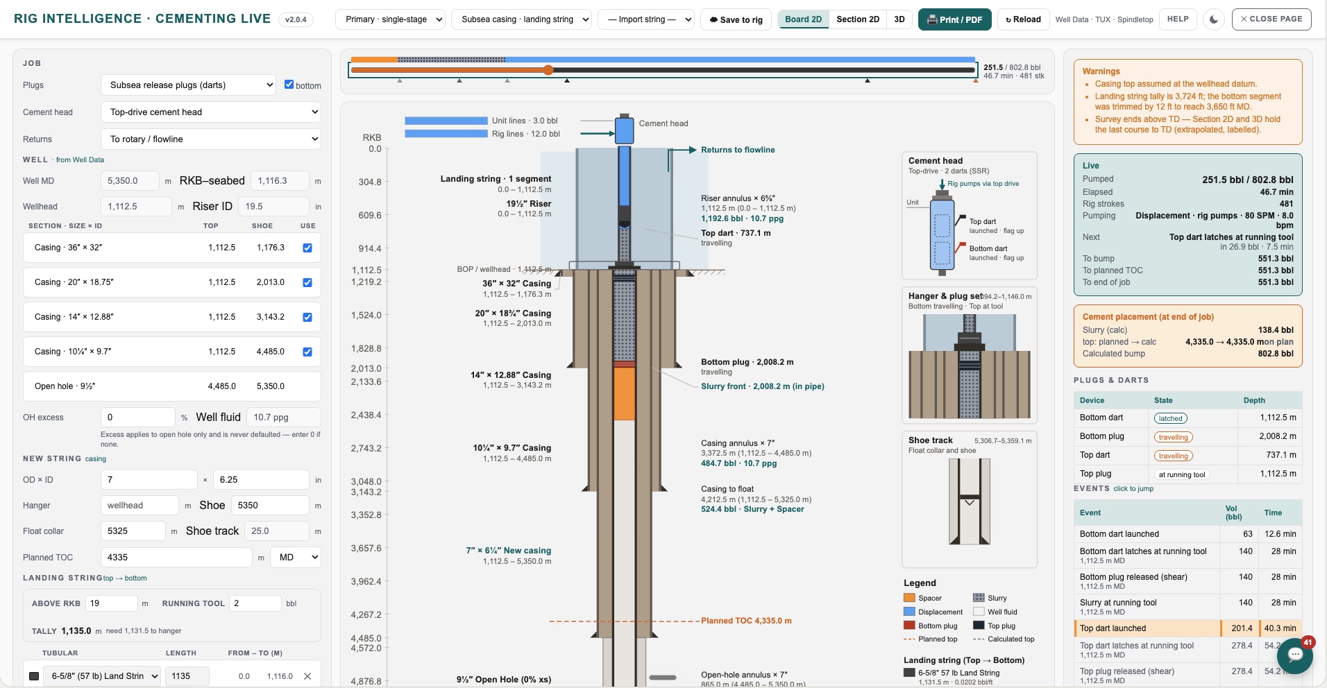 Cementing Live calculation and well diagram